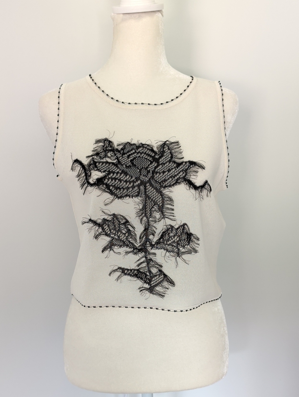 Dior Sheer Cream Cropped Sleeveless Top with Black Floral Lace Appliqué